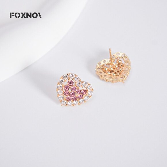 Women's Pink Clear Crystal Cute Heart Stud Gold Plated Lightweight Earrings - Picture 4 of 5